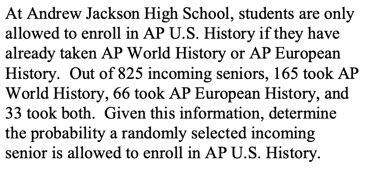 Example giving number of incoming students who have taken AP World History, AP European History, or both.
