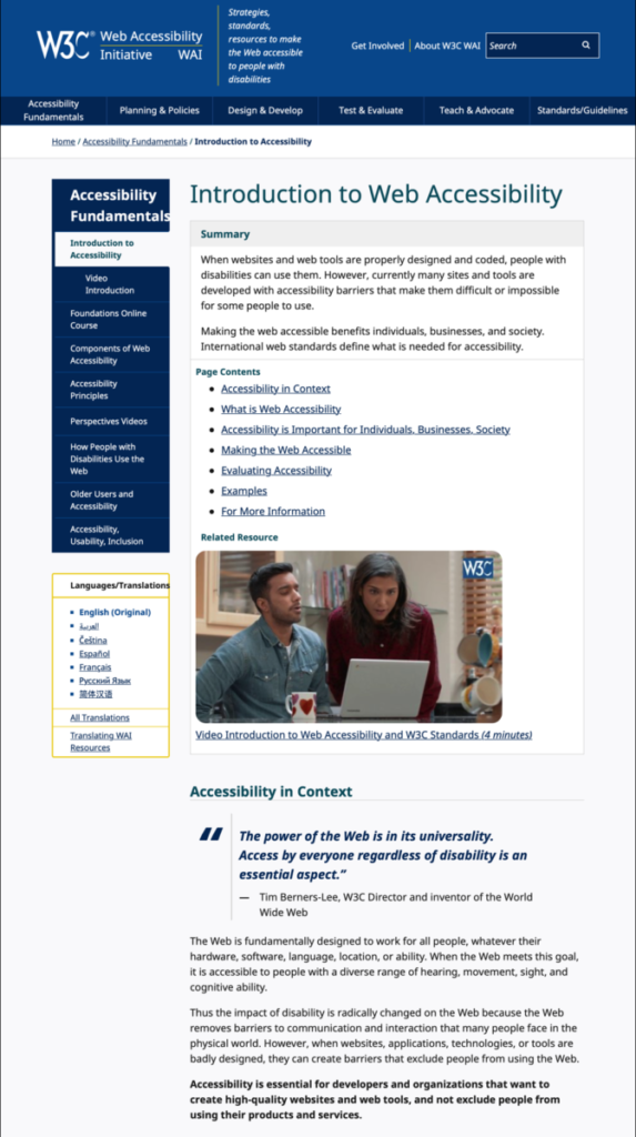 Screenshot showing the layout of the Introduction to Web Accessibility page linked to above.