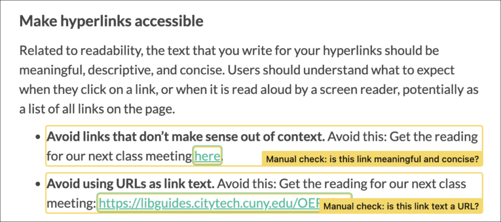 Screenshot showing two inaccessible links flagged. Text for the link text "here" reads "Manual check: is this link meaningful and concise?" For the URL as link text the flagged text reads: "Manual check: is this link text a URL?"