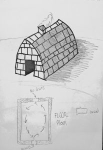 A drawing of a Native American shelter in a almost brick format .