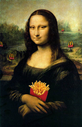 Parody of the Mona Lisa with McDonald's signs and french fries