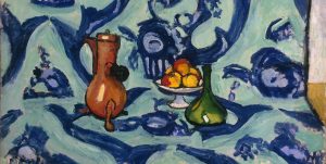 Matisse painting of still life on a blue tablecloth