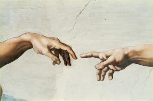Detail of painting of 2 hands with fingers pointing at each other by Michelangelo, Creation of Adam