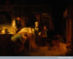 V0017575 "Anxious moments": a sick child, its grieving parents, a nur Credit: Wellcome Library, London. Wellcome Images images@wellcome.ac.uk http://wellcomeimages.org "Anxious moments": a sick child, its grieving parents, a nursemaid and a medical practitioner. Oil painting attributed to John Whitehead Walton, 1894. By: John Whitehead WaltonPublished:  -  Copyrighted work available under Creative Commons Attribution only licence CC BY 4.0 http://creativecommons.org/licenses/by/4.0/