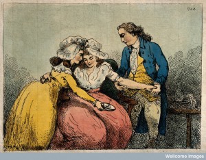 V0016791 A surgeon bleeding the arm of a young woman: she is being co Credit: Wellcome Library, London. Wellcome Images images@wellcome.ac.uk http://wellcomeimages.org A surgeon bleeding the arm of a young woman: she is being comforted by another woman. Coloured etching by T. Rowlandson (?), 1784. 1784 By: Thomas RowlandsonPublished:  -  Copyrighted work available under Creative Commons Attribution only licence CC BY 4.0 http://creativecommons.org/licenses/by/4.0/