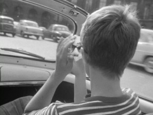 Film still of Patricia (Jean Seberg) in car, Jean-Luc Godard, "Breathless," 1960