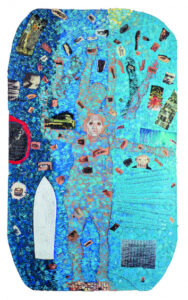painting with shades of sea green to blue with collage pieces of faces and body fragments. 