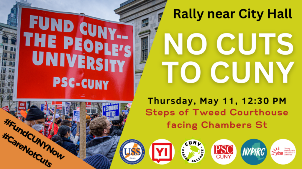 Poster with image of large group rally and sign stating "Fund CUNY-The People's University PSC-CUNY" 