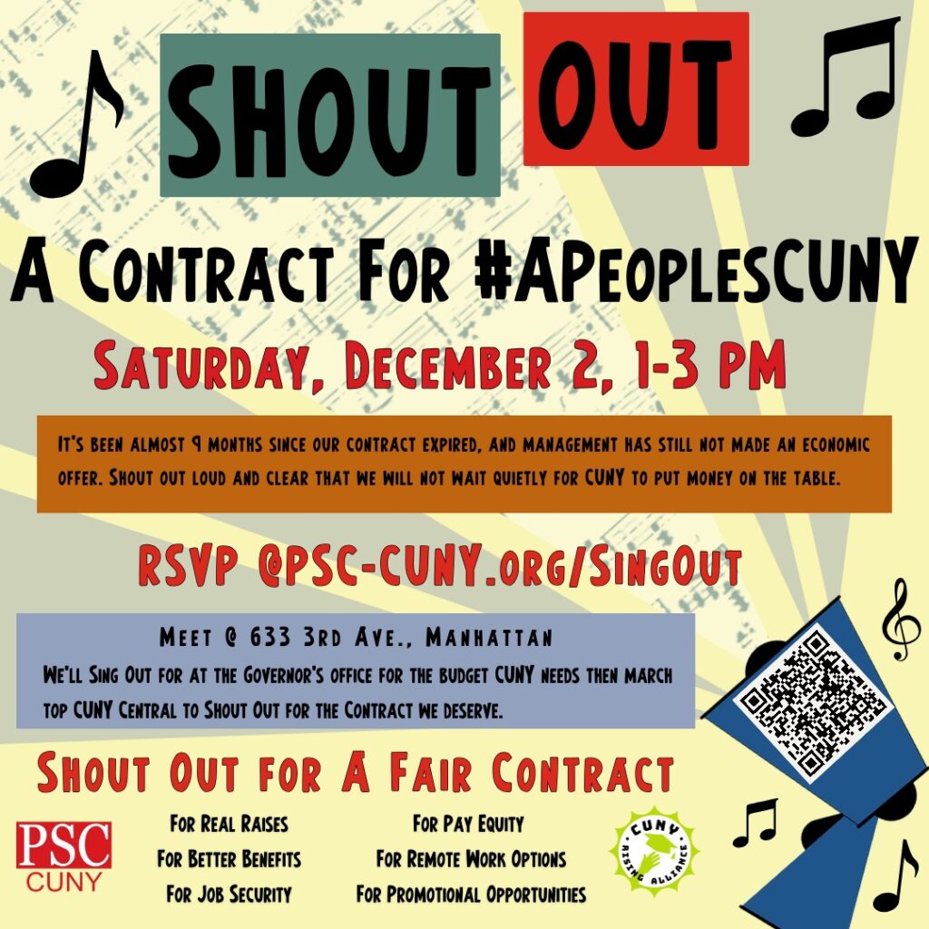 Poster for the Shout Out Sing Out PSC CUNY Event on 12/2/23 1-3 PM