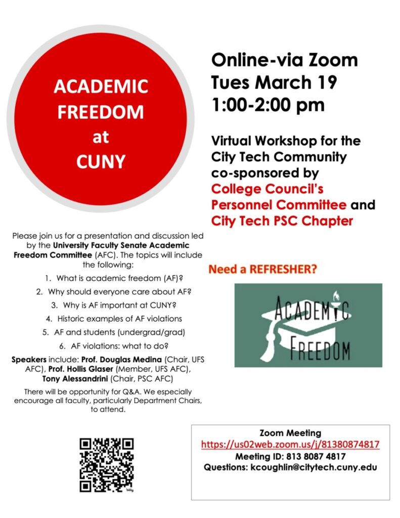 Poster announcing Academic Freedom Virtual Workshop at City Tech for March 19 at 1 pm