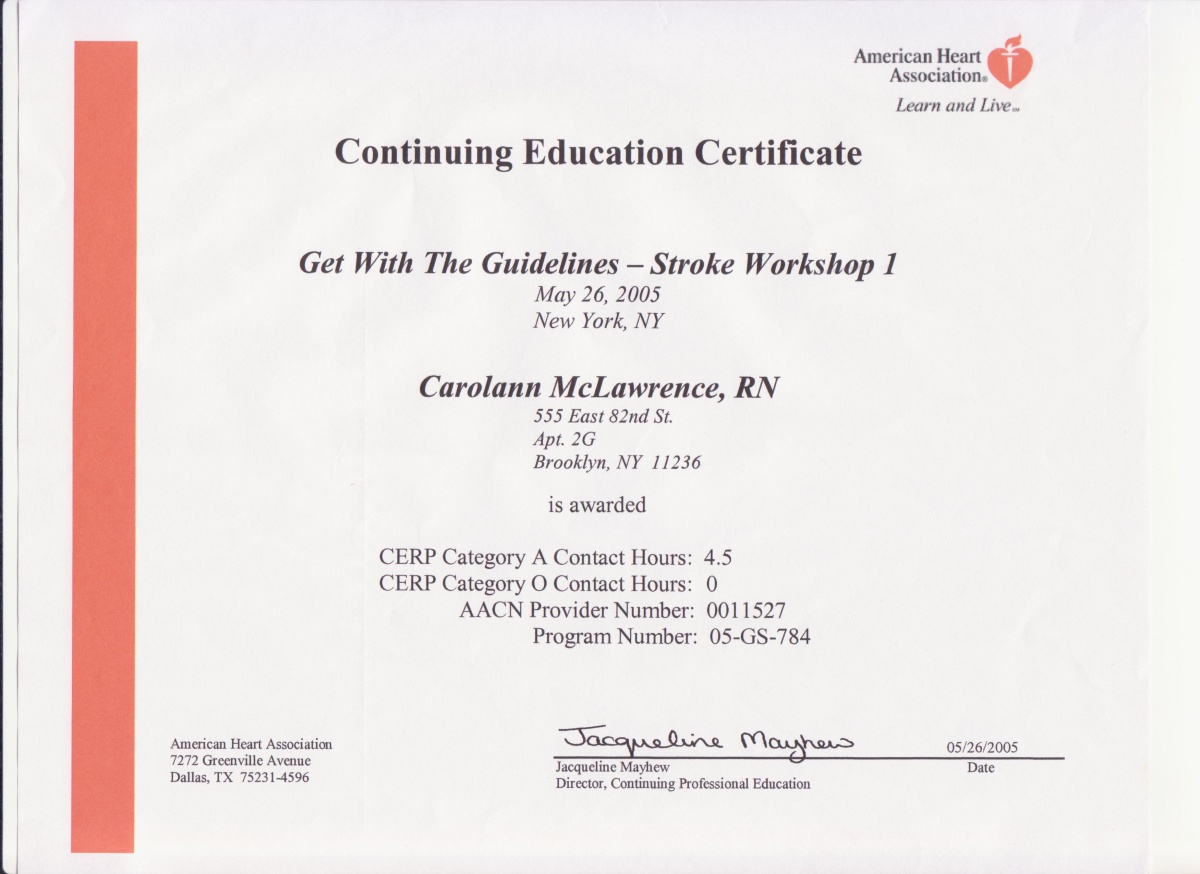 Certificates of Continuing Education Courses Carolann