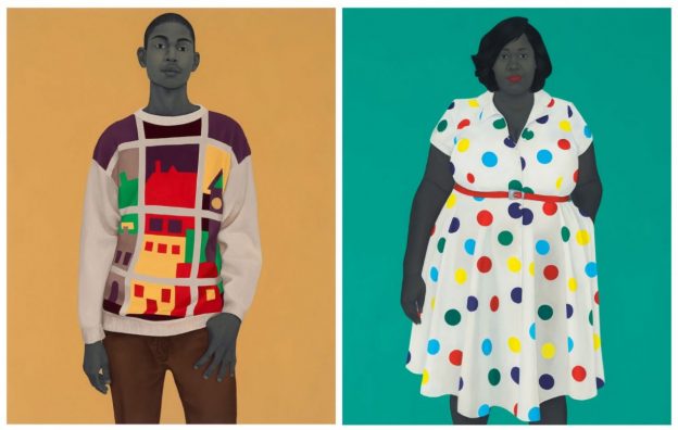Artwork by Amy Sherald in her solo exhibition at Hauser & Wirth, clockwise from top left: “A single man in possession of a good fortune,” 2019; “The girl next door,” 2019