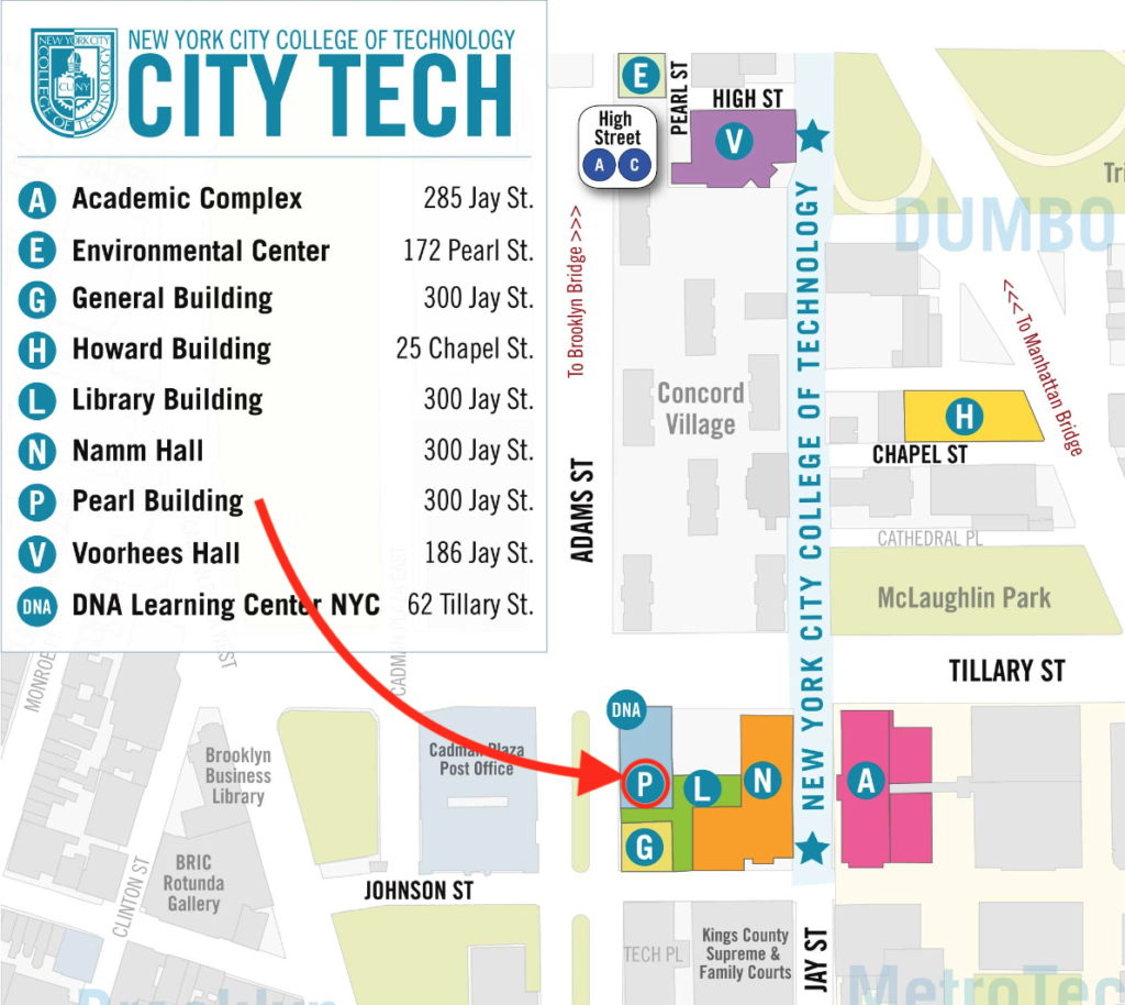 This is a visual map of the City Tech campus with the Pearl Building highlighted.