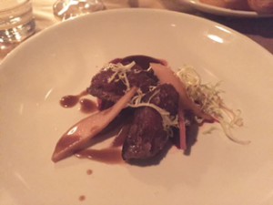 So I've tried smoked quail with vadouvan eggplant, caper raisin puree from Burke & Wills located at 226 W 79th st, New York. It reminded me of fried chicken wings, but VERY salty. I loved the way the puree complimented and balanced out the salt.