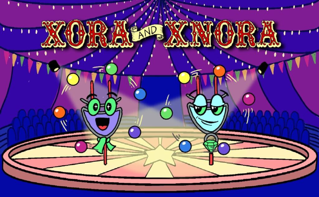 Title slide: "Xora and Xnora" showing an XOR gate and an XNOR gate juggling