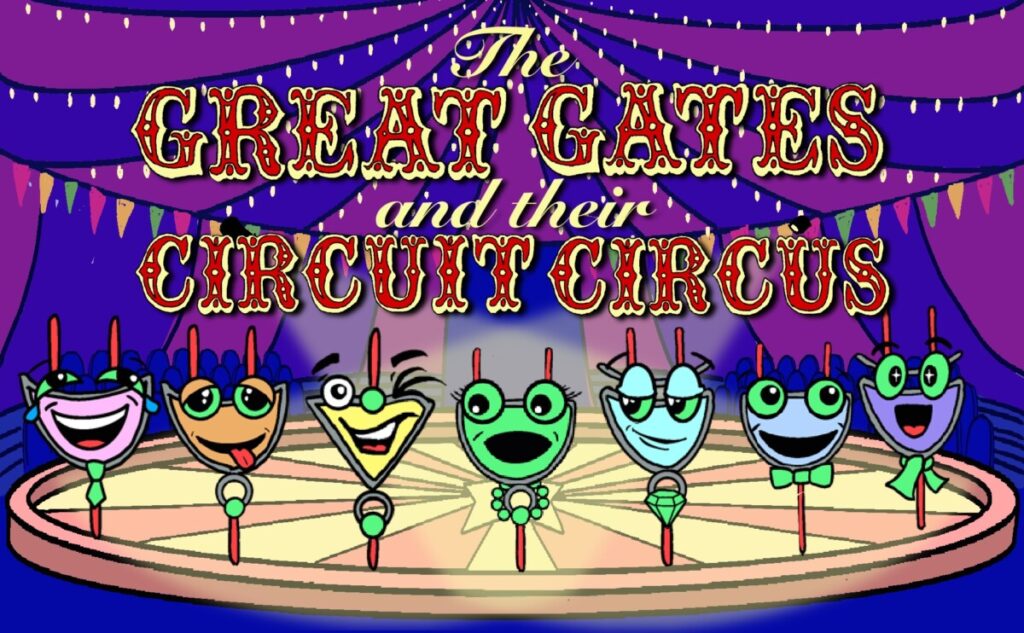 Title text: "The Great Gates and their Circuit Circus" with characters representing the seven gates inside the ring in a circus tent