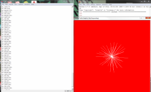 Instructions: Change the color of the window to “red” using wn.bgcolor property of the screen variable you create. Your turtle variable has to have a pen color “white”, you have to use the .pencolor property of your turtle variable. You have to make your turtle to change its heading to the right with an random angle between 0 and 45 degrees. Move your turtle forward a random distance between 0 and 150 pixels. Then move the turtle backward the same distance than above Repeat the last three steps 100 times