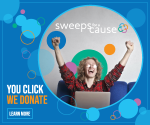 Sweepstakes banner ad with white color text and logo