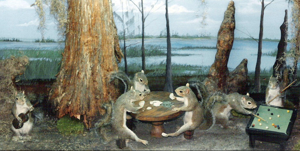Squirrels playing human a guitar, cards, and billiards.