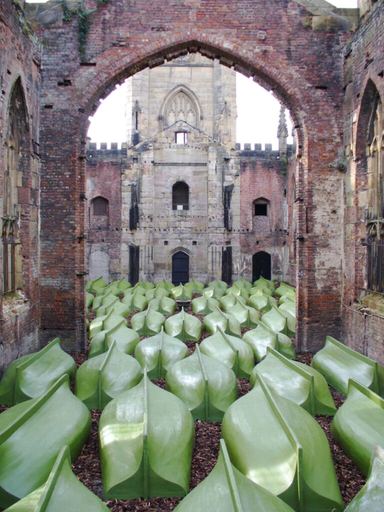 boats in a bombed out Liverpool church