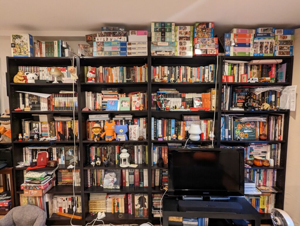 Bookshelves filled with books and toys.
