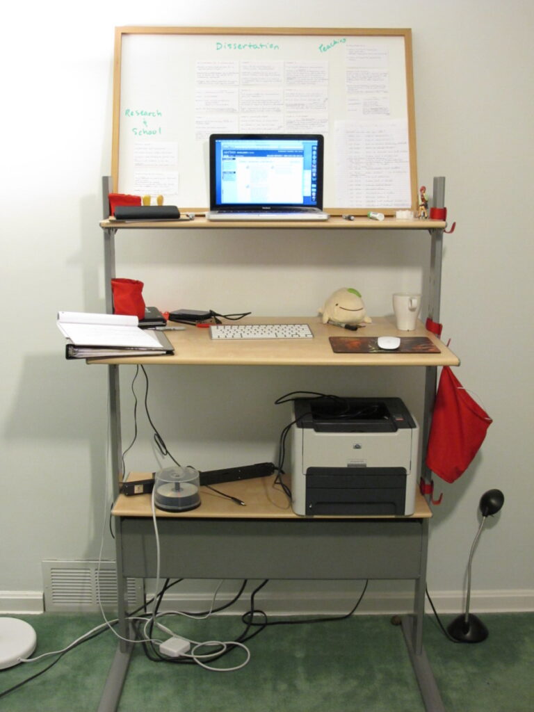 Standing desk setup for an online video interview.