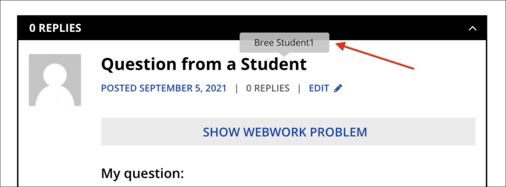 Tooltip showing student name when an instructor hovers over anonymously posted question.