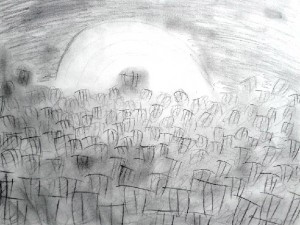 This drawing includes 7 variables of graphic design:   7: three lines and some shade  distance: there's a distance between the smaller dots (back) and the biggest dots (top) proportion: there's different size of the dots  interval: each section haves something different going on density: the picture itself its dense because of the scenery  direction: bigger dots are coming at you  scale: different size of dots  size: smaller dots, bigger dots.