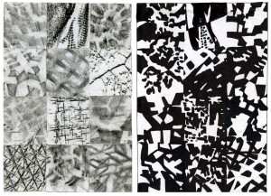  Texture/ Figure/ Ground, 50/50/b/w and pattern.  On the left it shows the original patterns, on the right same patterns , but 50/50 white and black balance in between each square, which makes all squares relate to one another.  