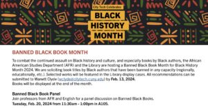 The image shows a header with a red, green, and yellow African design with the logo 'Black History Month.' Below the header is an informative text stating a Banned Black Book event that was being hosted by City Tech. 