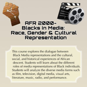 A promotional flyer with a beige background and texts that explain what the AFR 2000 course entails. At the top left corner is a brown fist image, and at the top right corner is an image of a film roll. 
