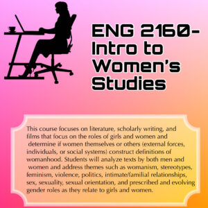 This image shows a pink and orange hue background with a silhouette of a woman sitting at a computer. The image is a flier that describes the ENG 2160- Intro to Women's Studies class. 