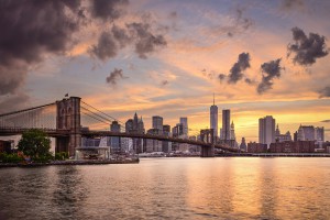 New York City, USA skyline at sunset.