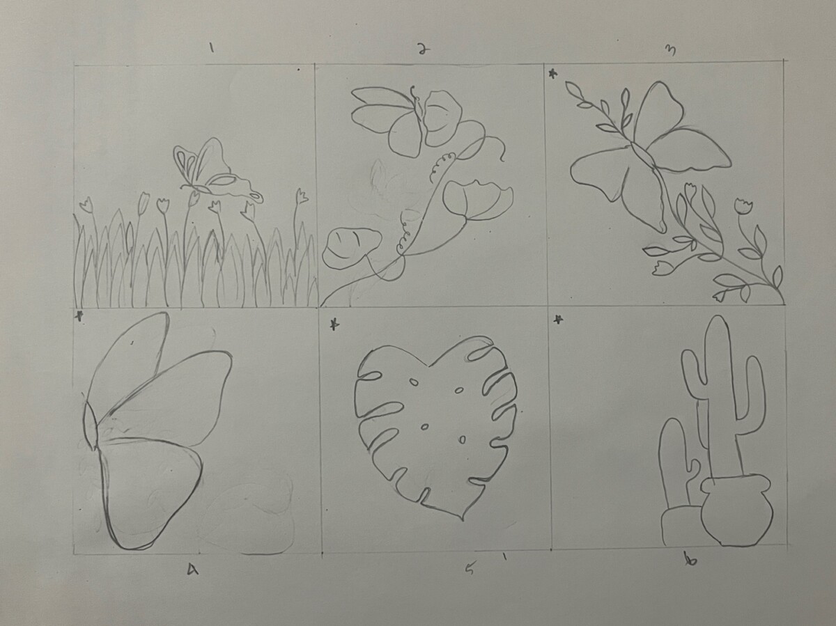A drawing of flowers and butterflies Description automatically generated