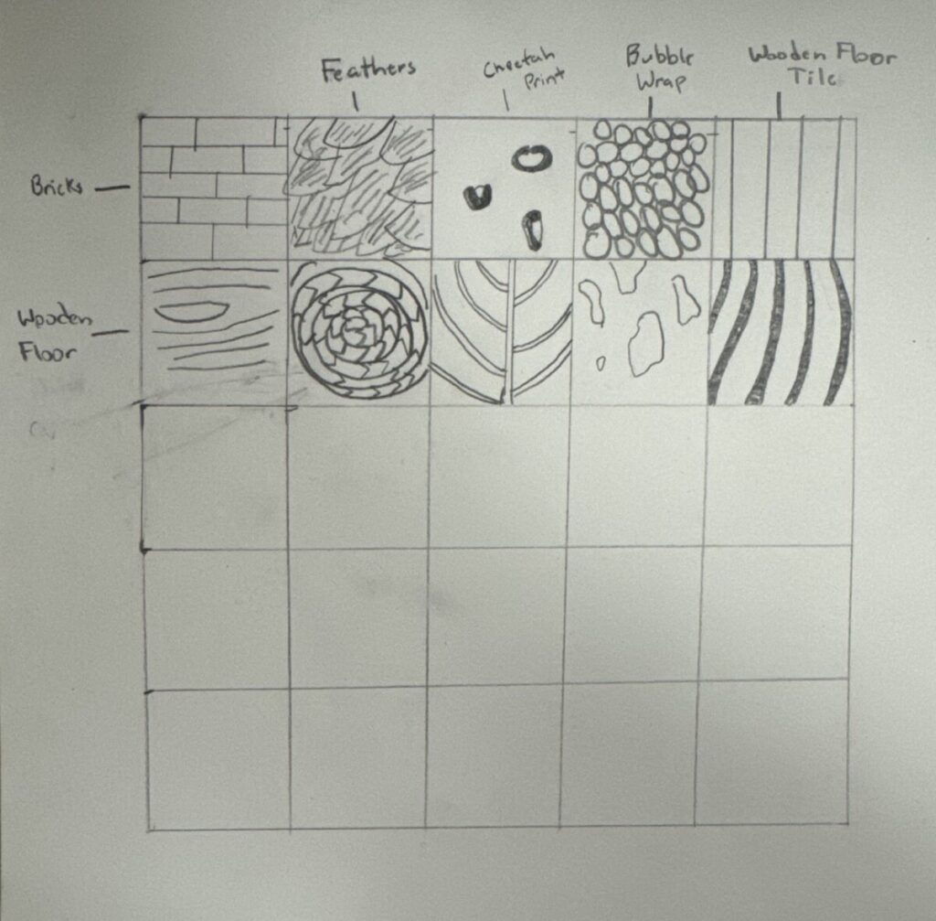 First texture is bricks, followed by feathers, cheetah prints, bubble wrap, a wooden floor tile, an alternate wooden floor tile, carpet pattern, a leaf, wood peeling from tree, zebra stripes