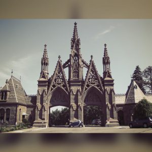 This is the entrance for the Greenwood cemetery. Your able to see the unique design build by Richard Upjohn who is the founder of the American Institute of Architects. As you look close, you are able to see hidden ladders inside the arch, and panels outside depicting biblical scenes from the New Testament. Another unique trait about this entrance, is as you enter you hear sounds of parakeets. It may not seem important, but the colony of blue-green monk parakeets nesting in its spires; apparently have been nesting there since 1960 when when a crate broke at JFK airport and the parakeets escaped. Since then they have been nesting there ever since. 