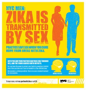 A New York City Deptartment of Health and Mental Hygeine message targeting men and women about contracting the Zika Virus from unprotected sexual contact
