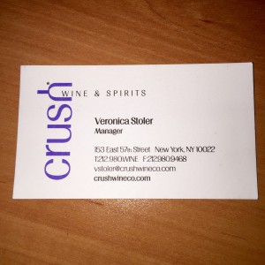 This is the business card for Crush Wine&Spirits 