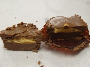 A cross section of peanut butter cup, as shown the bottom layer is a little thick.