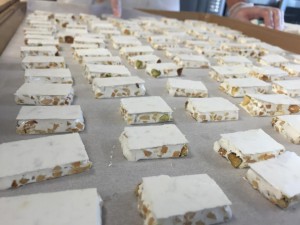 Pistachio and Almond Nougat before dipped in Chocolate.