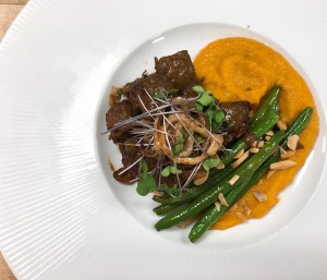 Tempeh with Mole Sauce, Savory Winter Squash and Apple Mousse & Braised Green Beans  