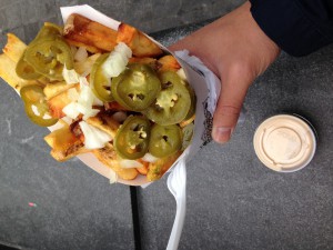 Belgian Fries with Roasted Eggplant Mayo, jalapeno peppers and onions