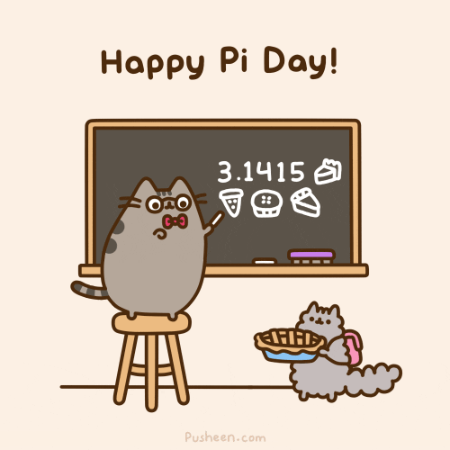 A cartoon cat pointing at a blackboard with the first few digits of pi and drawings of pi and a second cat holding a pie.