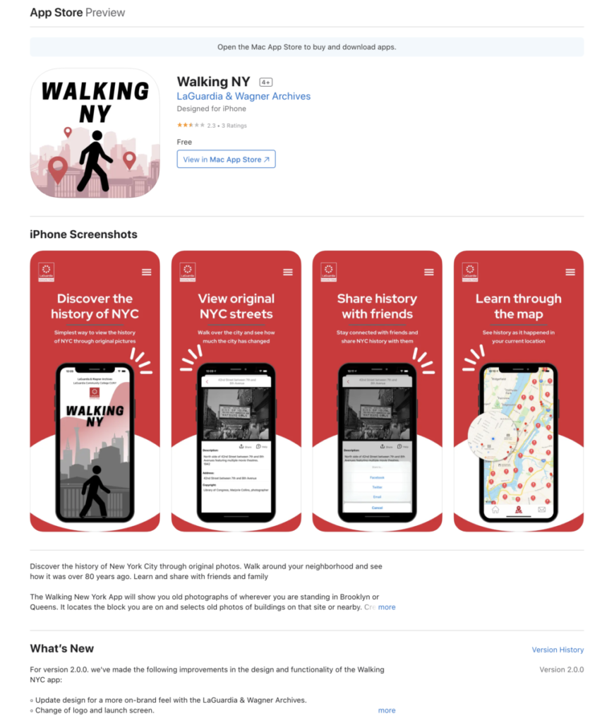 Walking NY Mobile App Apple Store Listing