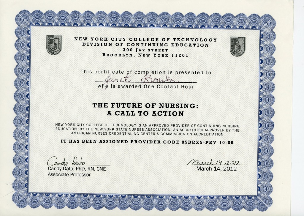 The Future of Nursing Certificate Janet Bowen #39 s ePortfolio