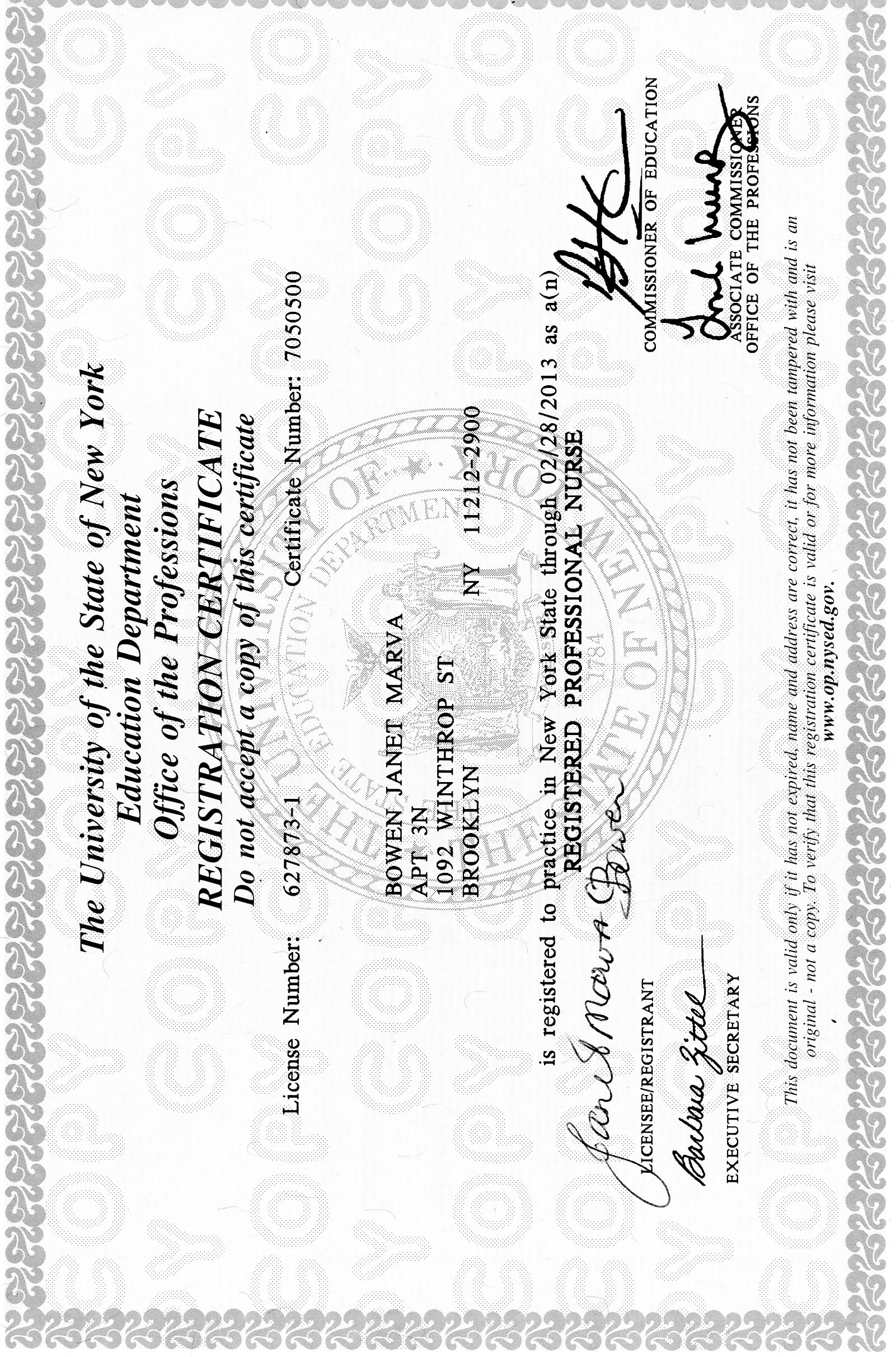 nursing registration certificate