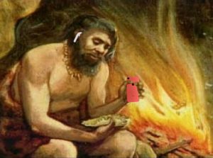 Caveman with AirPods holding an iPhone