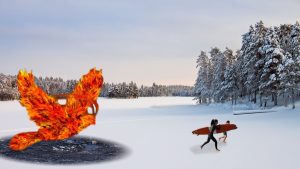 A snowy landscape with a phoenix chasing some surfers