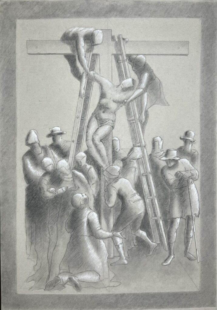 Charcoal drawing of Christ being crucified.