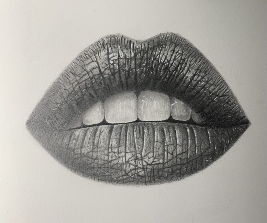 Detailed close up drawing of lips and teeth.